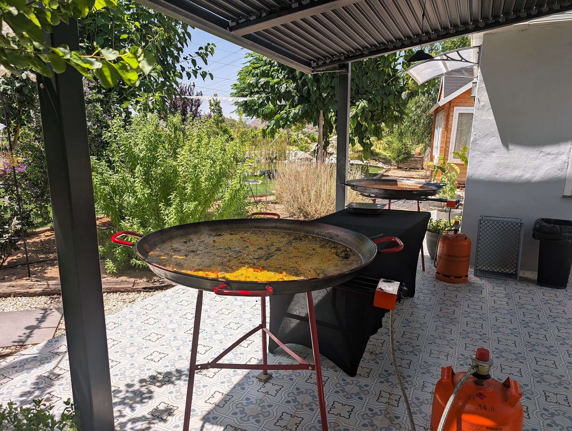Estación de paellas en la terraza · Estación de arroces en una boda íntima