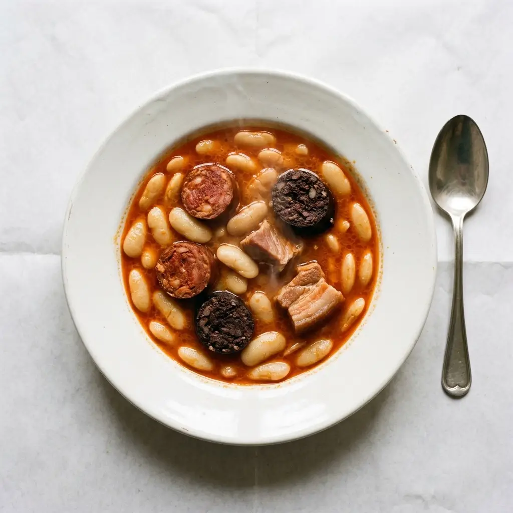 Plato hondo de fabada con chorizo, morcilla y panceta sobre un mantel de papel, visto desde arriba