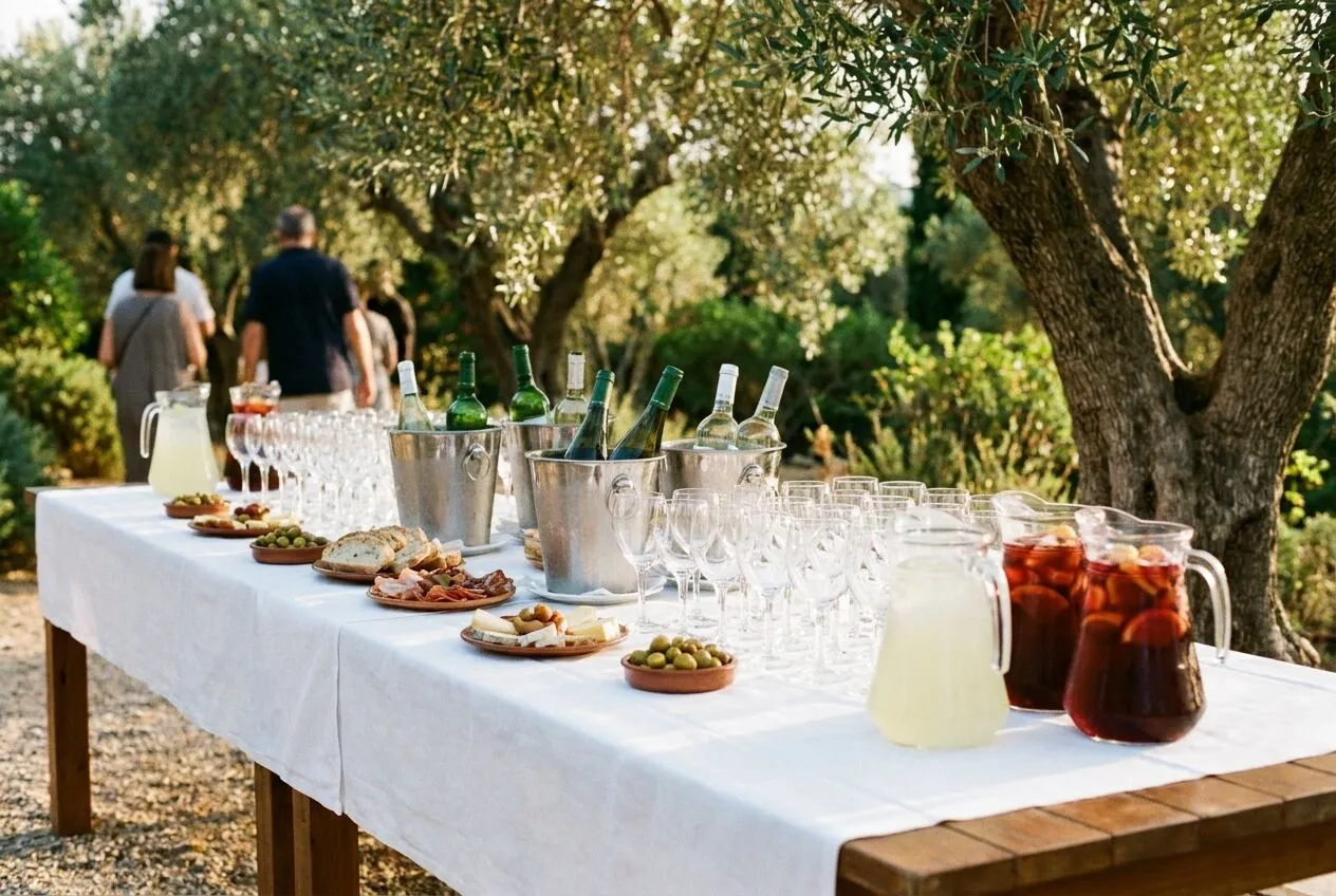 Mesa de bebidas y aperitivos preparada en un jardín para un evento de empresa