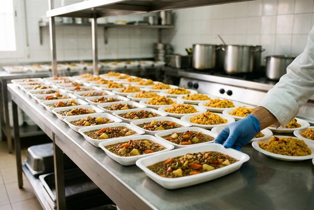 Raciones de lentejas y de arroz en bandejas, en fila sobre una mesa de acero de cocina