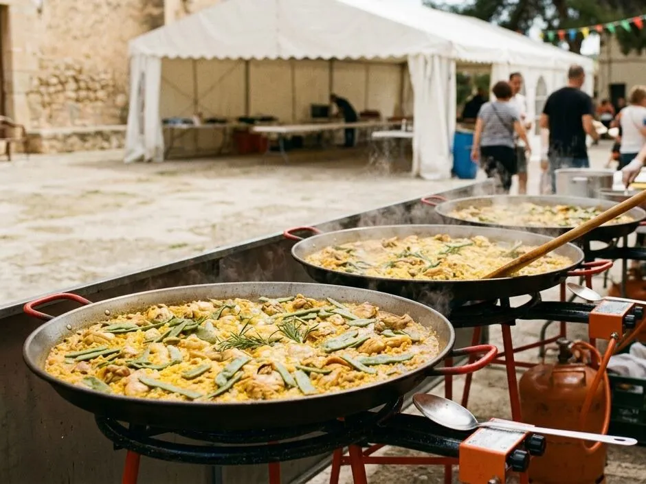 Imagen ilustrativa (IA) de tres paellas sobre quemadores en una fiesta al aire libre