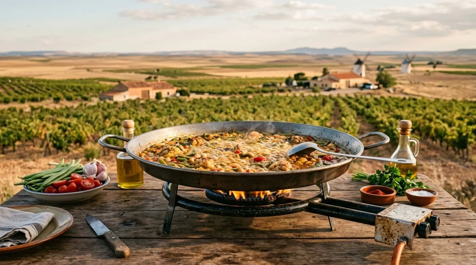 Ilustración generada con IA: paella al fuego en un campo con viñas y molinos