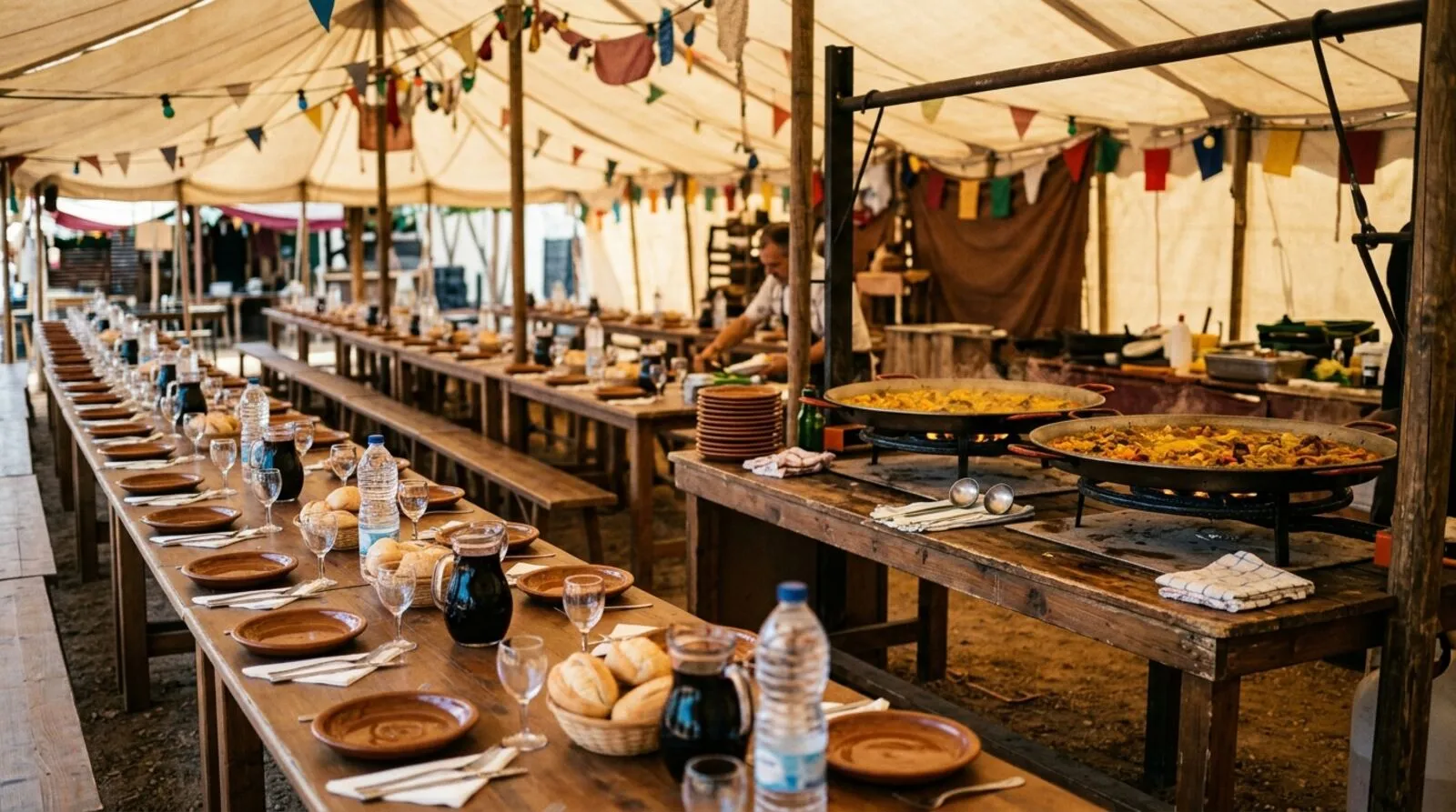 Ilustración generada con IA: carpa de feria con mesas largas y paelleras