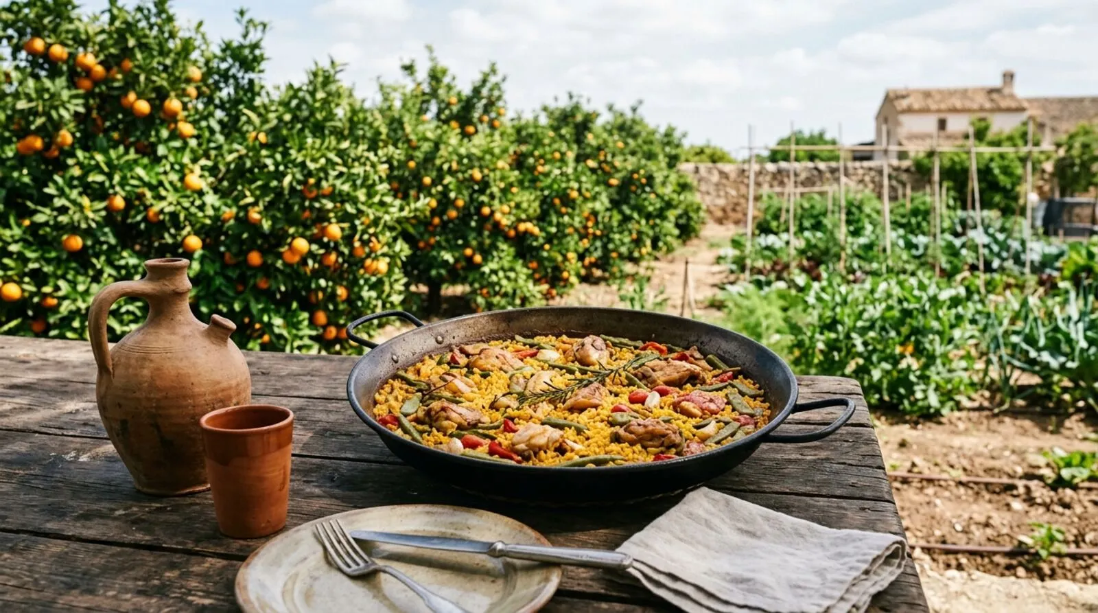 Ilustración generada con IA: arroz con conejo y verduras en una mesa entre naranjos