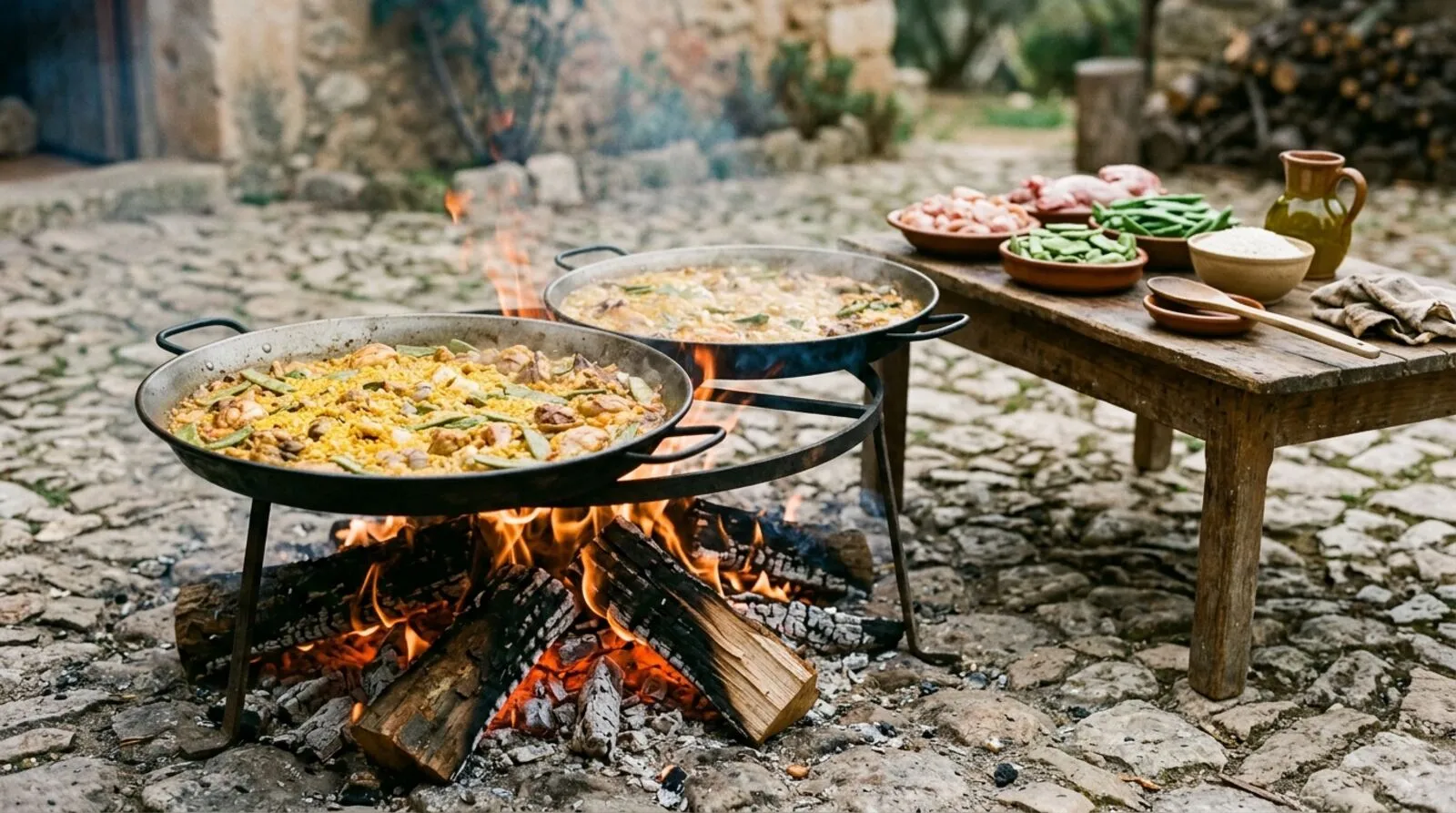 Ilustración generada con IA: dos paellas a la leña sobre adoquines