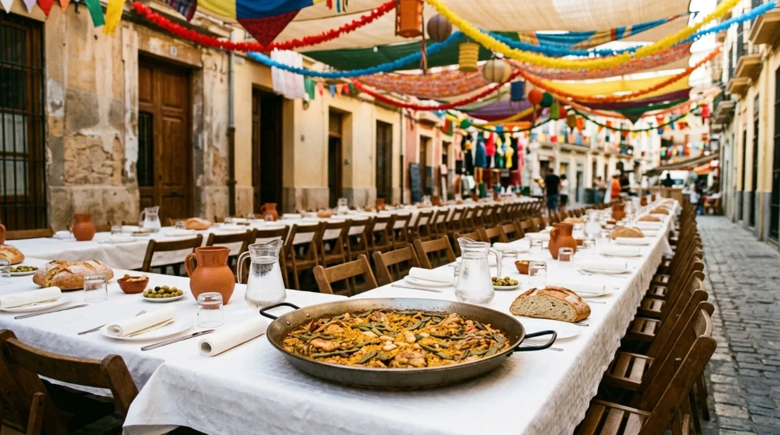 Ilustración generada con IA: mesas largas en una calle engalanada junto a una paella